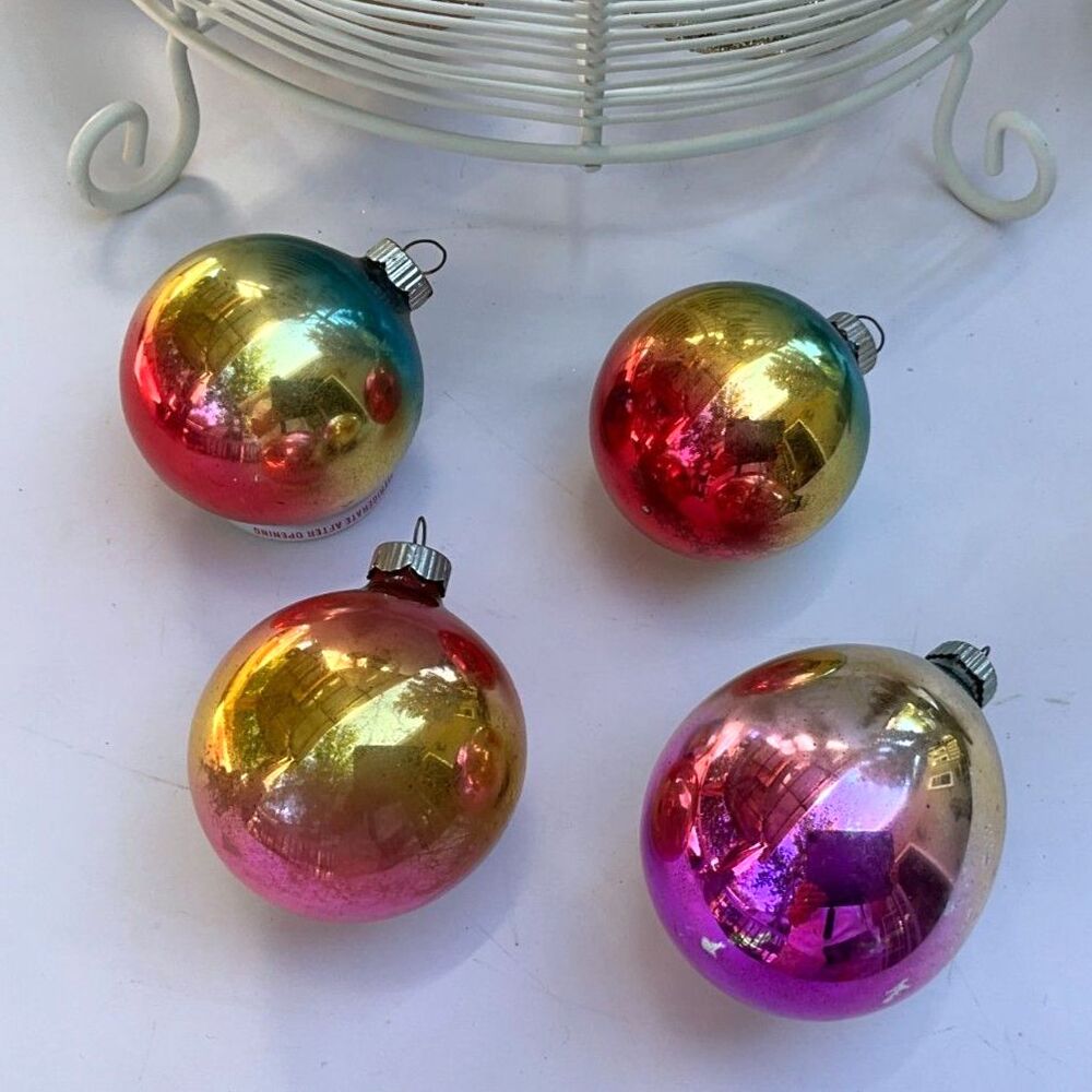 4 Vintage Mercury Glass Ombre Rainbow ornaments balls Shiny Brite